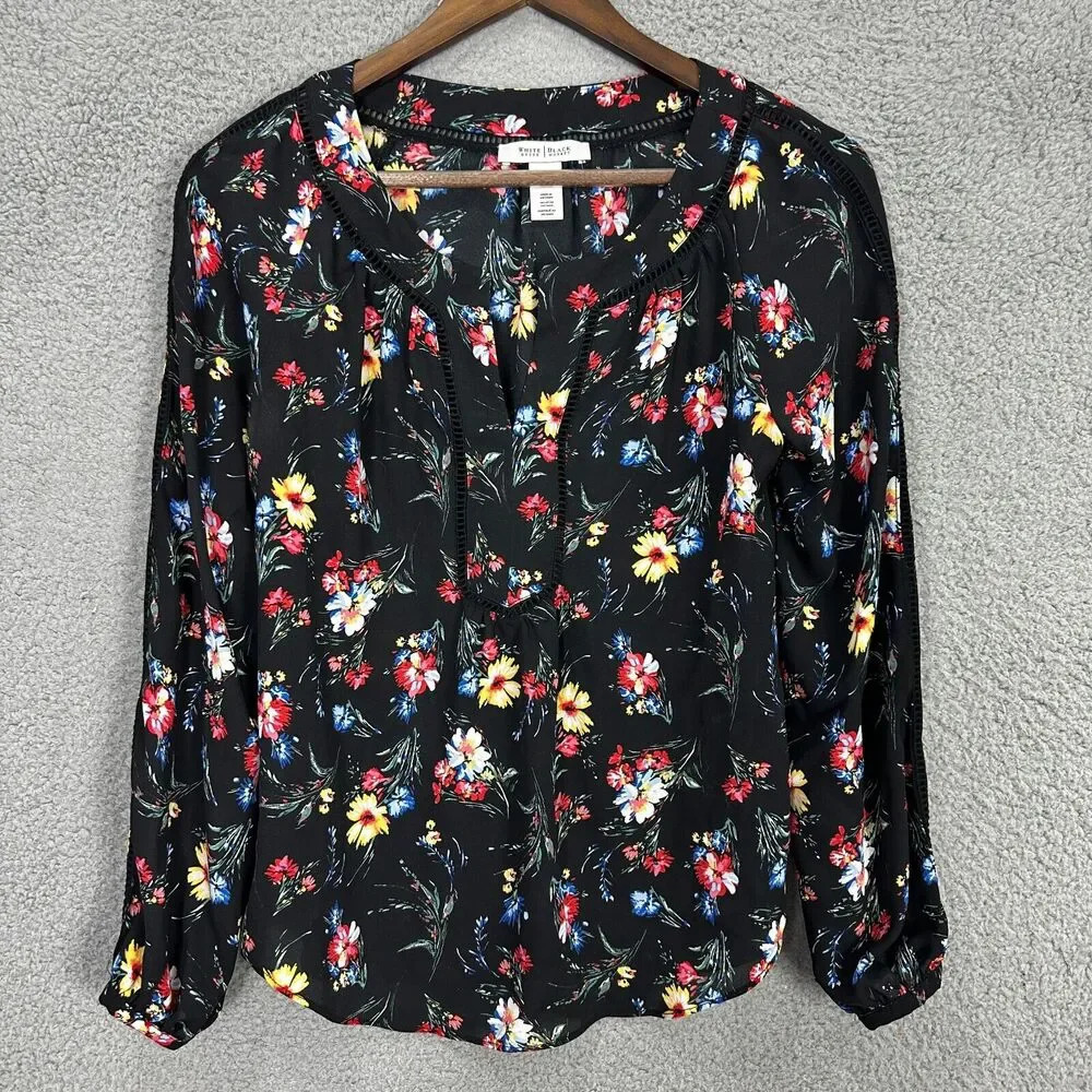 White House Black Market Top Womens 00 Black Floral Oversized Flowy Boho Cottage